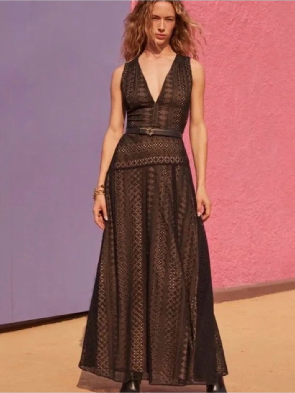 Black Sleeveless V-Neck Lace Maxi Dress - White House/Black Market
